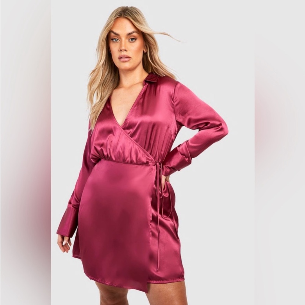 PLUS SATIN BELTED WRAP DRESS - Picture 2 of 7